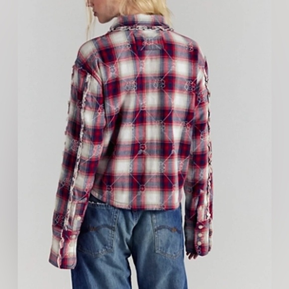 NWT Free People Plaid Ruffle Button Down Shirt Red Western Flannel Top Medium - Picture 3 of 9